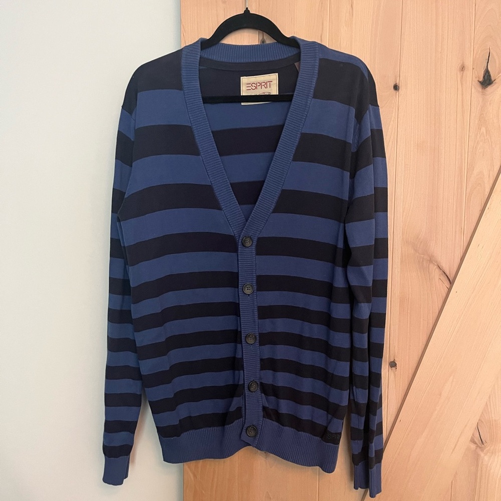 Esprit Men's Blue and Black Striped Cardigan